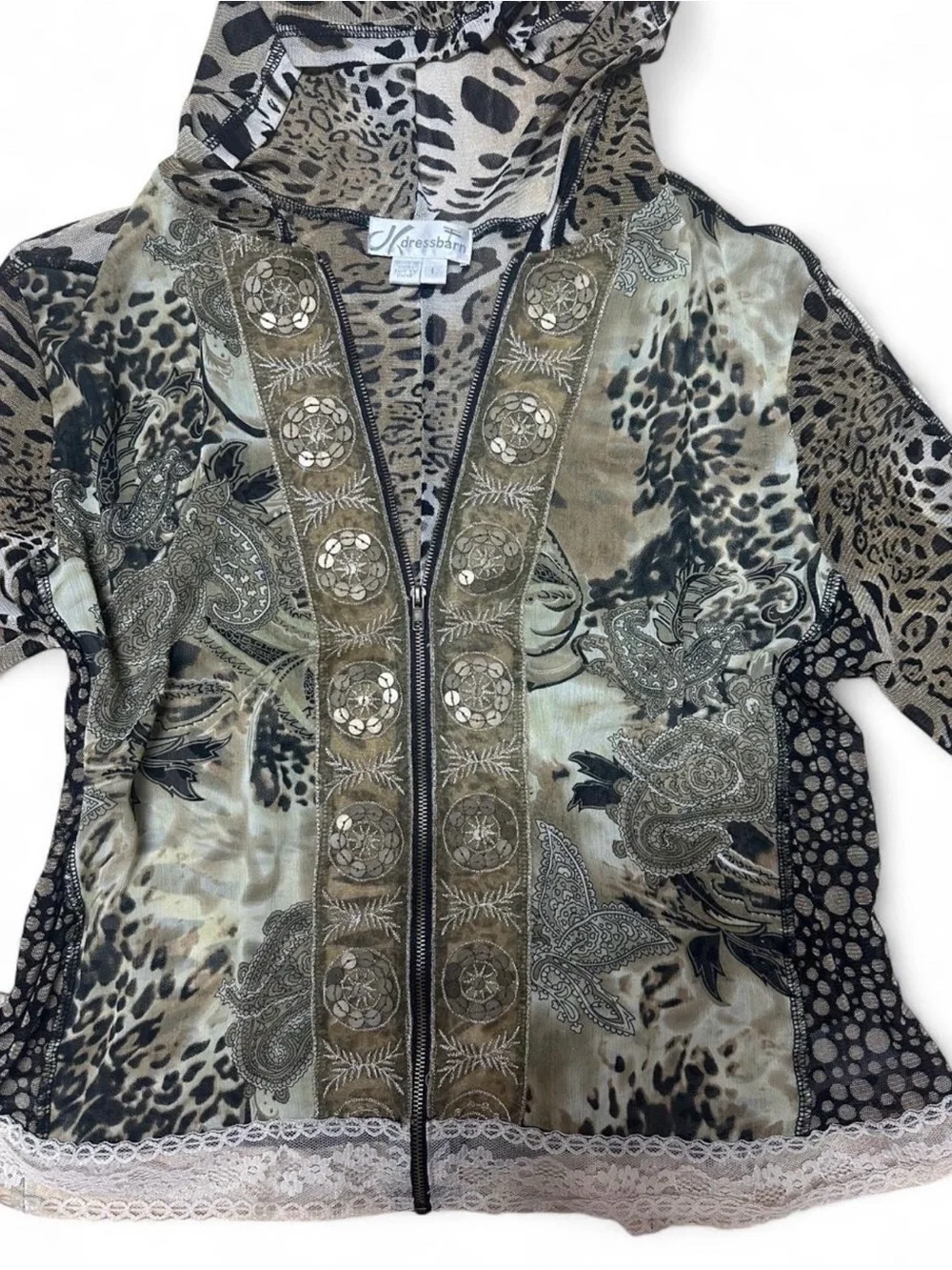 Whimsigoth Leopard Patchwork Zip Hoodie Lace Trim Boho Fairy Grunge Y2K Jacket